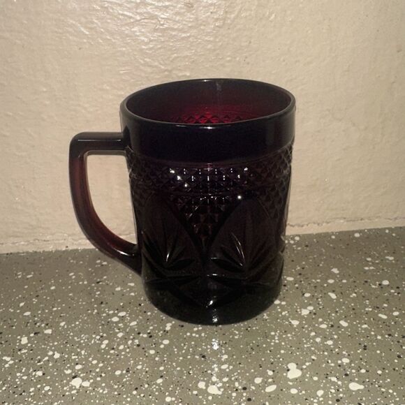 Antique Ruby Red Pressed Cut Glass Mug Cristal D'Arques-Durand France Cup‎ Vtg - Picture 2 of 4